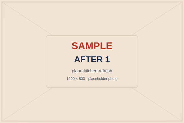 SAMPLE placeholder: same sink wall after painting, with quartz counters and an undermount sink