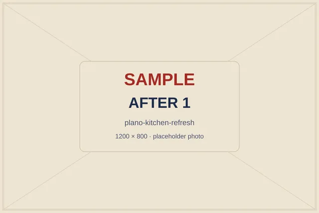 SAMPLE placeholder: same sink wall after painting, with quartz counters and an undermount sink