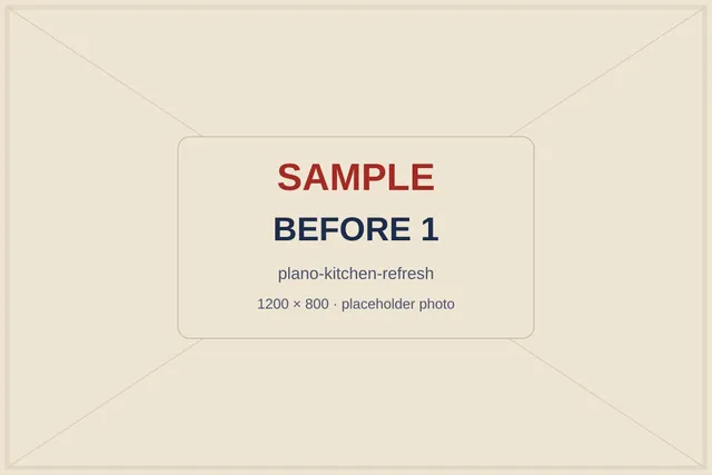 SAMPLE placeholder: dated oak cabinets and laminate counter along the sink wall before the refresh