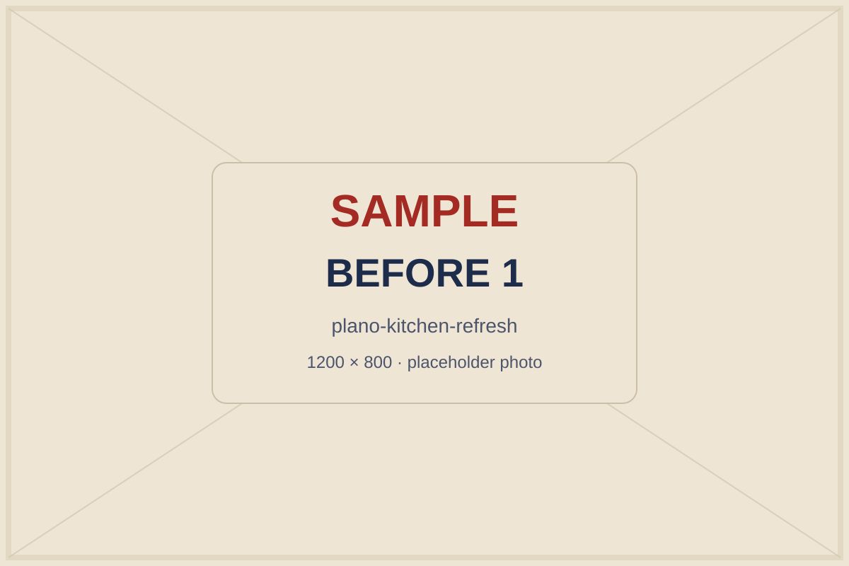 SAMPLE placeholder: dated oak cabinets and laminate counter along the sink wall before the refresh