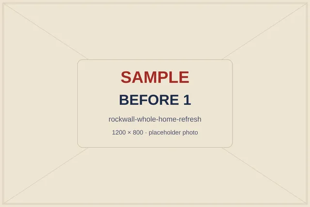 SAMPLE placeholder: dated living room with worn carpet, honey oak trim and dark paint