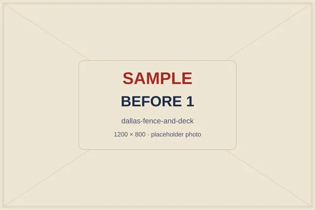 SAMPLE placeholder: leaning cedar fence with broken pickets and a sagging drive gate