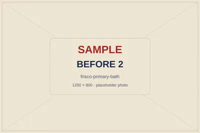 SAMPLE placeholder: water-stained single vanity with a peeling laminate top before the remodel