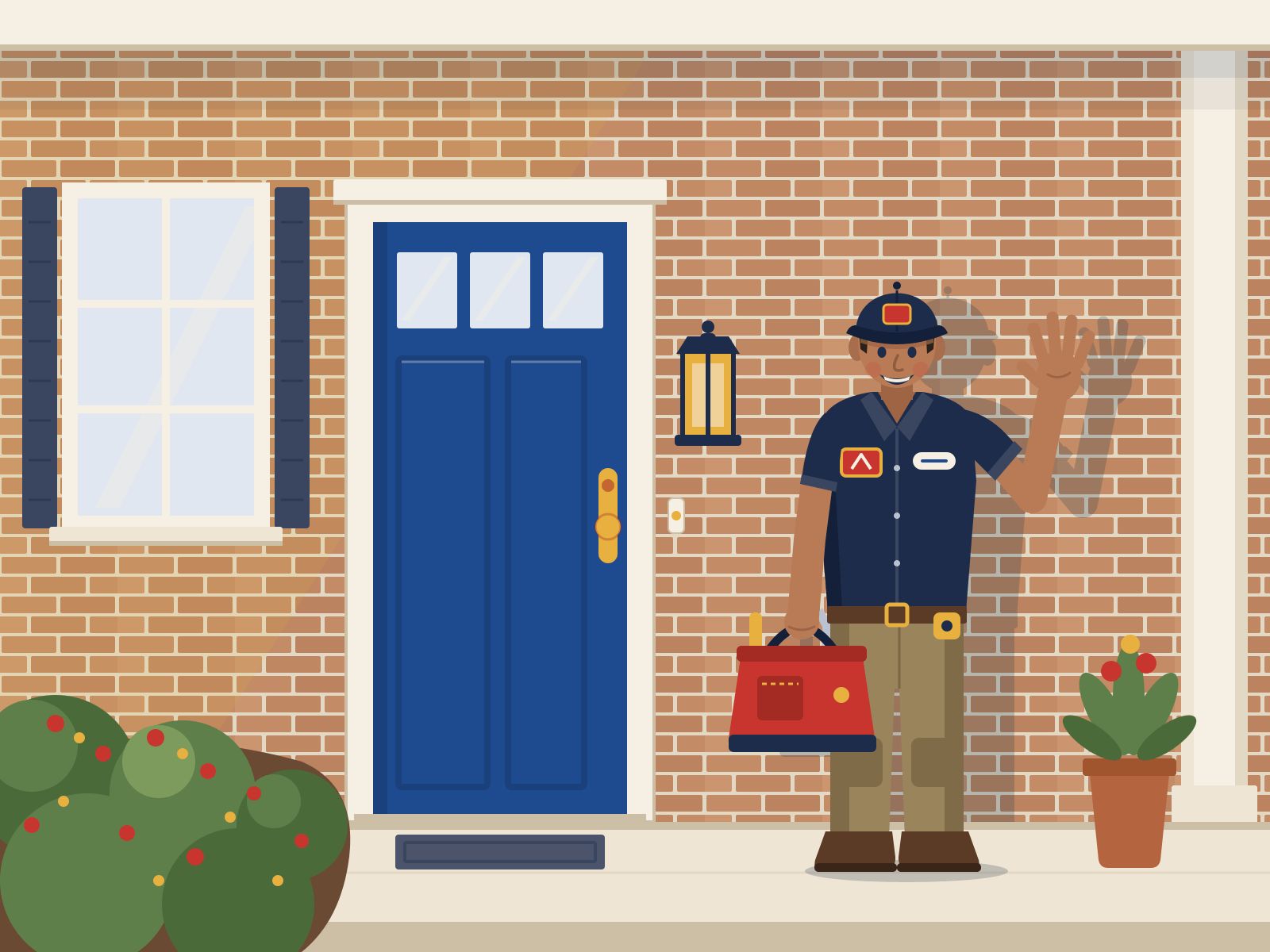 Illustration of a smiling worker with a red toolbox, waving at the front door of a brick house